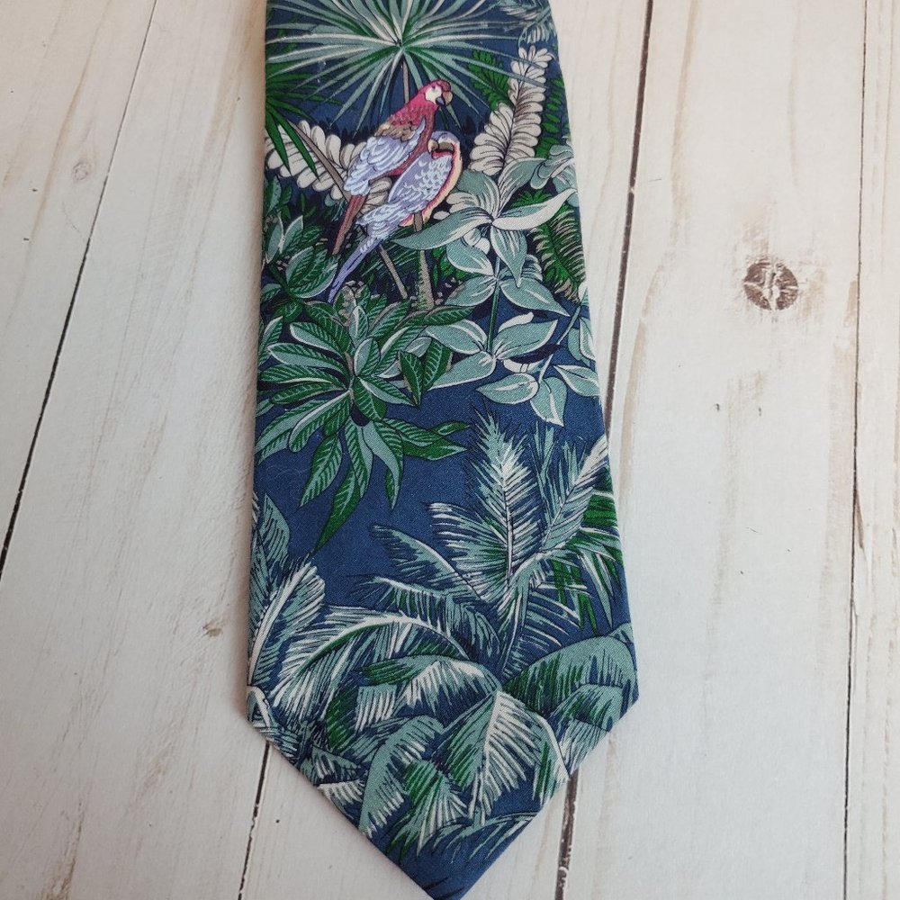 POLO BY RALPH LAUREN Silk Tropical Blue and Green Parrots Jacquard Necktie